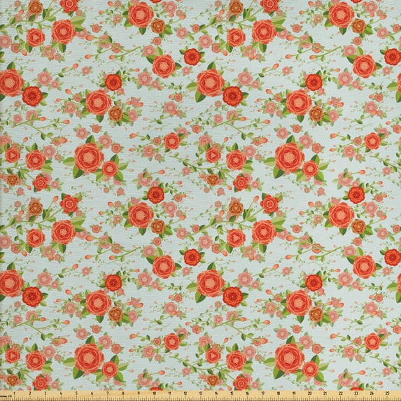 Floral Fabric by the Yard, Blossoming Vibrant Tone Rose Flowers English Garden Themed Arrangement Nature, Decorative Upholstery Fabric for Sofas and Home Accents, Blue and Salmon by Ambesonne