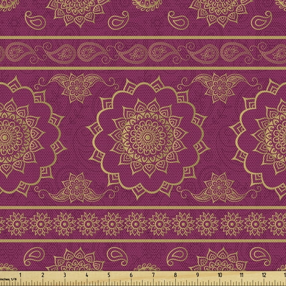Ambesonne Floral Fabric by the Yard Upholstery, Boho Mandala Paisley Flowers, 1 Yard, Raspberry and Pale Coffee