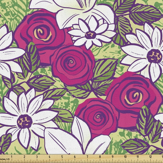 Ambesonne Floral Fabric by the Yard Upholstery, Bold Roses Lilies Chamomiles, 2 Yards, Magenta Purple