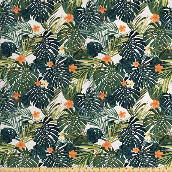 Ambesonne Floral Fabric by the Yard Upholstery, Botanic Tropic Leaves, 3 Yards, Green and White