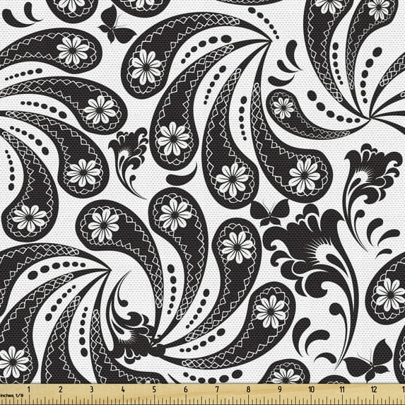 Ambesonne Floral Fabric by the Yard Upholstery, Abstract Achromatic Flowers, 1 Yard, Dark Brown and White