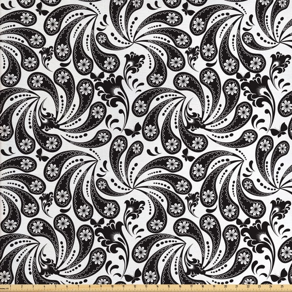 Ambesonne Floral Fabric by the Yard Upholstery, Abstract Achromatic Flowers, 2 Yards, Dark Brown and White
