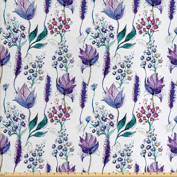 Ambesonne Floral Fabric by the Yard Upholstery, Botany Plants Watercolor, 2 Yards, Lavender Plum Jade Green