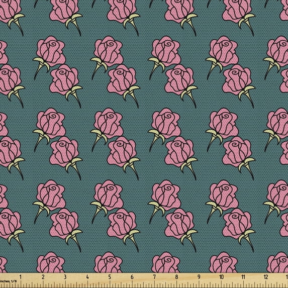 Floral Fabric by the Yard, Botanical Theme Hand Drawn Like Roses Romantic Flowers in Cartoon Style, Decorative Upholstery Fabric for Chairs & Home Accents, Pink and Reseda Green by Ambesonne