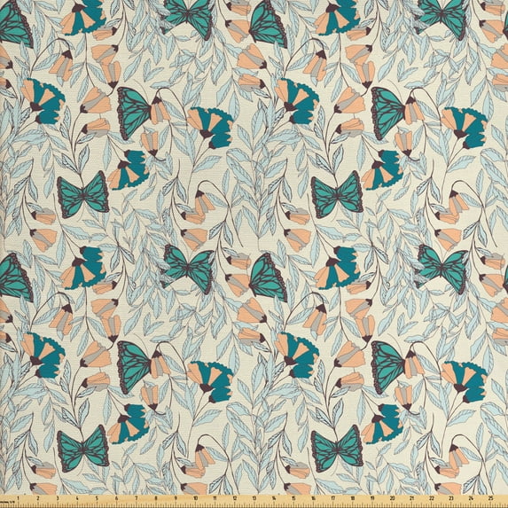 Ambesonne Floral Fabric by the Yard Upholstery, Charming Flowers Butterflies, 5 Yards, Eggshell Dark Seafoam