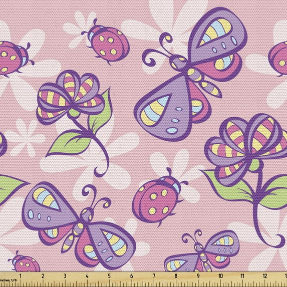 Ambesonne Floral Fabric by the Yard Upholstery, Butterfly Cartoon Style, 1 Yard, Pale Pink Lavender