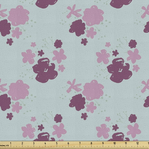 Ambesonne Floral Fabric by the Yard Upholstery, Cartoon Drawn Pinkish Flower, 2 Yards, Pale Blue Rose Magenta