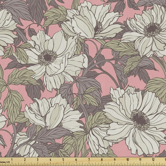 Ambesonne Floral Fabric by the Yard Upholstery, High Detailed Flowers Leaves, 5 Yards, Pastel Pink Grey Yellow