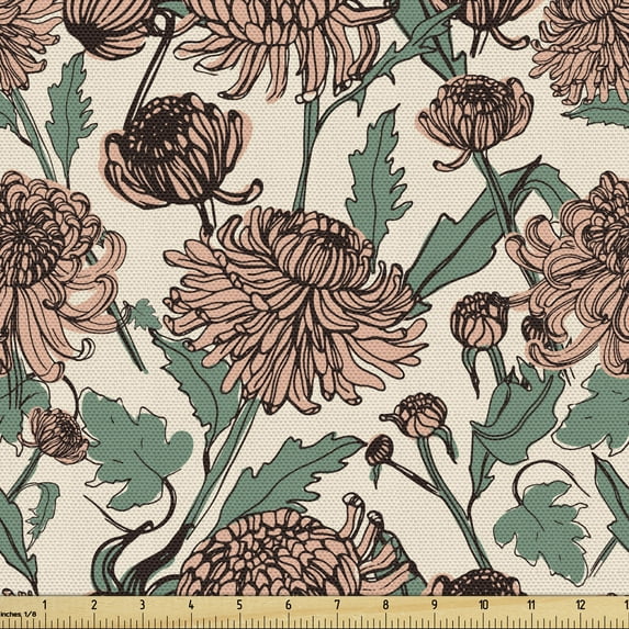 Floral Fabric by the Yard, Chrysanthemums Buds and Leaves Drawn by Hand, Decorative Upholstery Fabric for Chairs & Home Accents, Champagne Peach by Ambesonne
