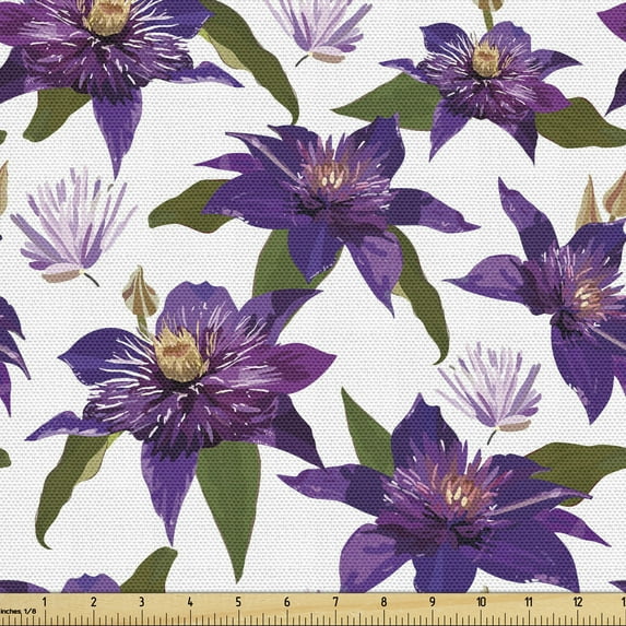 Ambesonne Floral Fabric by the Yard Upholstery, Clematis Blossoms Look, 3 Yards, Purple Dark Green White