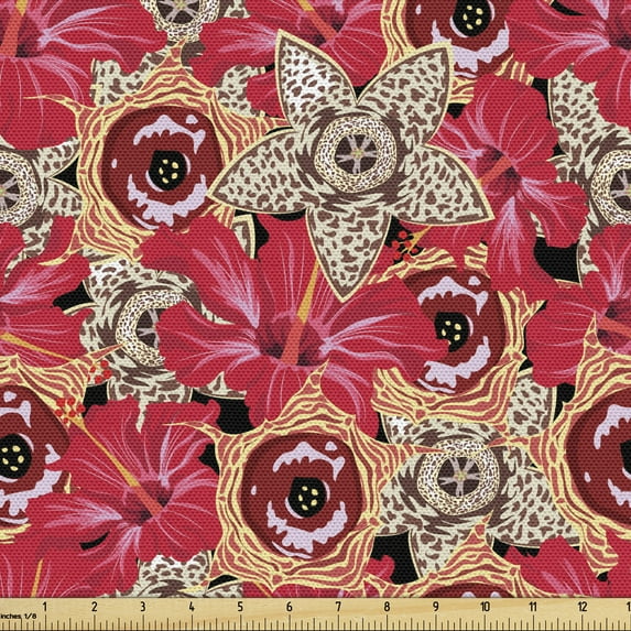 Ambesonne Floral Fabric by the Yard Upholstery, Leopard Hibiscus Plantation, 3 Yards, Dark Pink Grey Yellow