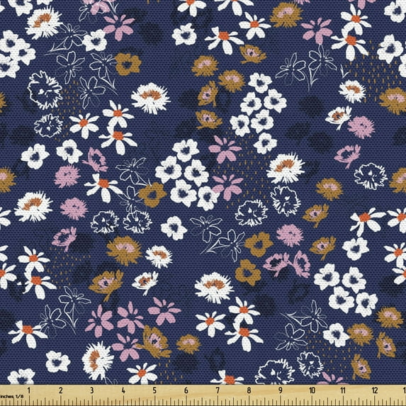 Ambesonne Floral Fabric by the Yard Upholstery, Vintage Garden Art Scene, 2 Yards, Dark Blue and Multicolor