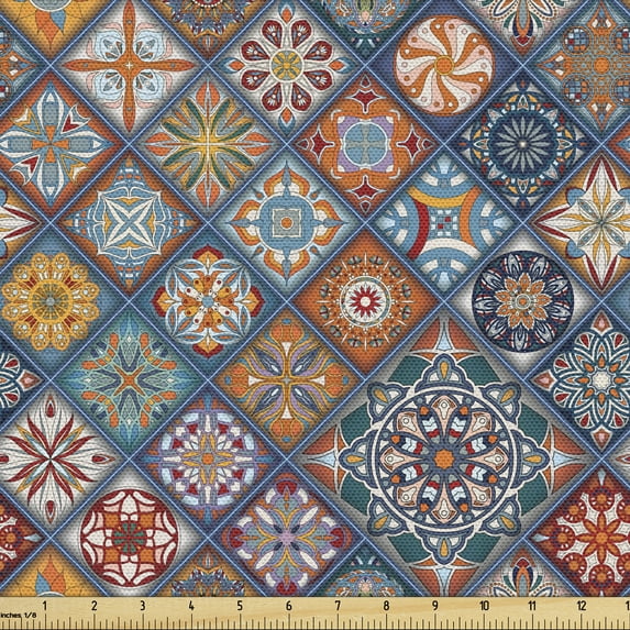Ambesonne Floral Fabric by the Yard Upholstery, Colorful Mosaic Square Motif, 2 Yards, Multicolor