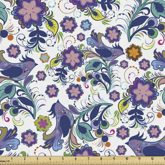 Ambesonne Floral Fabric by the Yard Upholstery, Classic Bird and Flowers, 1 Yard, Multicolor