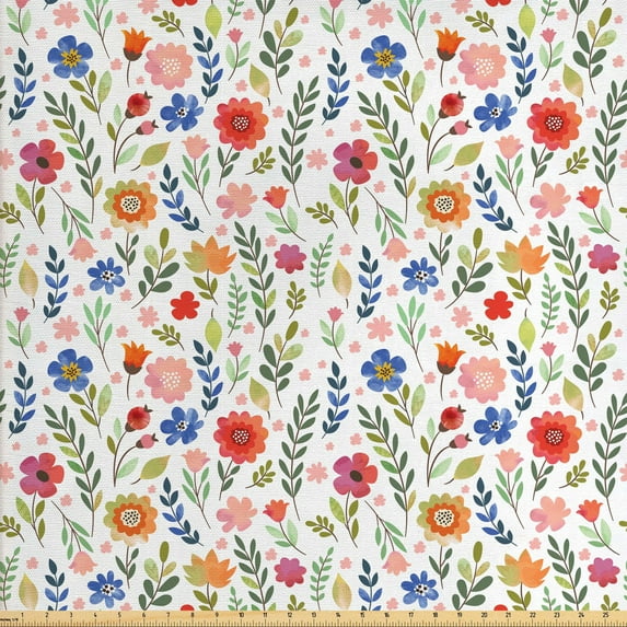 Ambesonne Floral Fabric by the Yard Upholstery, Thriving Nature Petal Leaf, 2 Yards, Multicolor