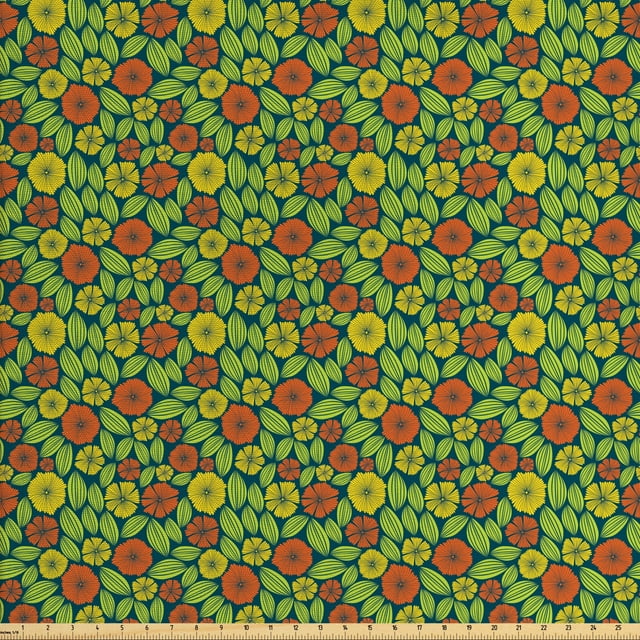Floral Fabric by the Yard, Continuing Print of Spring Season Pattern with Blooming Flowers, Decorative Upholstery Fabric for Chairs & Home Accents, Apple Green and Multicolor by Ambesonne