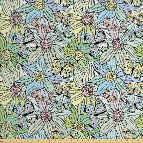 Floral Fabric by the Yard, Continuous Abstract Butterflies Pastel Spring Tones Botanical Blossom, Decorative Upholstery Fabric for Chairs & Home Accents, Pale Seafoam Blush Taupe by Ambesonne