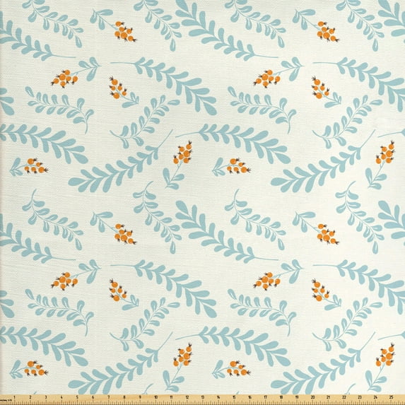Floral Fabric by the Yard, Continuous Berry Leaves Soft Pastel Tones Forest Flora Print, Upholstery Fabric for Dining Chairs Home Decor Accents, Apricot Pale Cadet Blue by Ambesonne