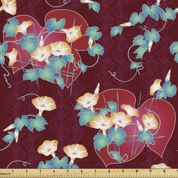 Floral Fabric by the Yard, Continuous Bindweed Japanese Traditional Illustration, Decorative Upholstery Fabric for Chairs & Home Accents, Maroon Sea Blue by Ambesonne