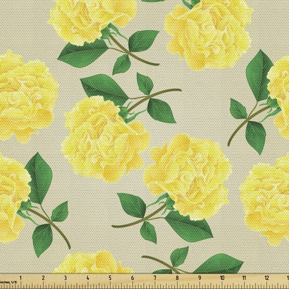 Ambesonne Floral Fabric by the Yard Upholstery, Yellow Cloves with Branches, 3 Yards, Mustard Green and Tan