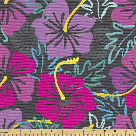 Ambesonne Floral Fabric by the Yard Upholstery, Pink and Purple Hibiscus, 10 Yards, Grey Multicolor