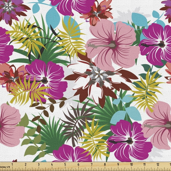 Ambesonne Floral Fabric by the Yard Upholstery, Tropical Hawai Flowers, 3 Yards, Multicolor