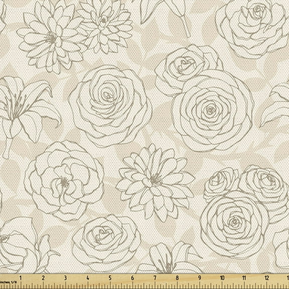 Ambesonne Floral Fabric by the Yard Upholstery, Lily Camellia Peony Graphic, 3 Yards, Champagne Pale Sepia