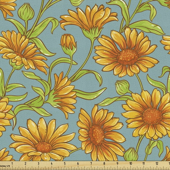 Ambesonne Floral Fabric by the Yard Upholstery, Calendula Flowers Cartoon, 1 Yard, Pale Teal Orange