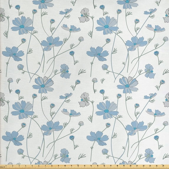 Ambesonne Floral Fabric by the Yard Upholstery, Pattern of Cosmos Flower Art, 5 Yards, Off White and Sea Blue