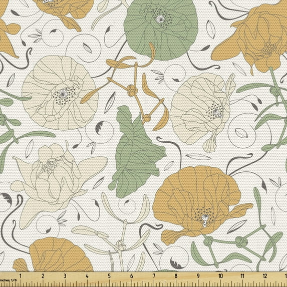 Ambesonne Floral Fabric by the Yard Upholstery, Curlicue Graceful Flowers, 1 Yard, Reseda Green Dark Peach