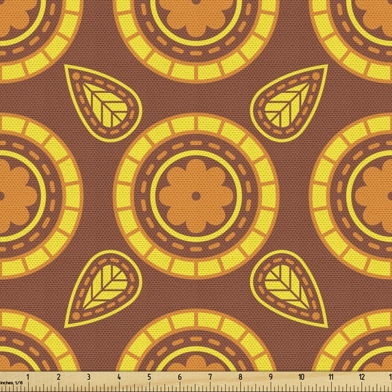 Floral Fabric by the Yard, Demonstration of Round Concentric Flower and Leaves, Decorative Upholstery Fabric for Chairs & Home Accents, Pale Redwood Marigold by Ambesonne