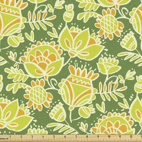 Floral Fabric by the Yard, Demonstration of Tropical Flowers Repetitive Doodle Look Pattern, Decorative Upholstery Fabric for Sofas and Home Accents, Fern Green and Multicolor by Ambesonne