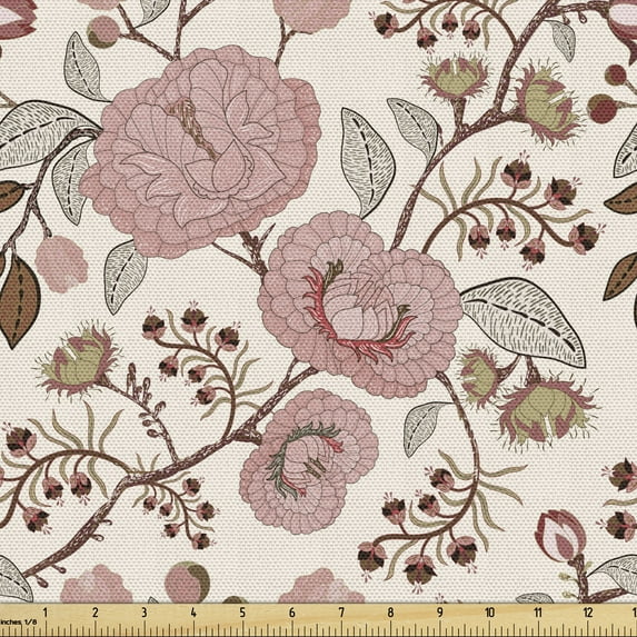 Ambesonne Floral Fabric by the Yard Upholstery, Blooming Branches Vintage, 5 Yards, Eggshell Salmon