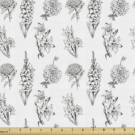 Floral Fabric by the Yard, Detailed Realistically Drawn Flowers and Leaves in Repetitive Design, Decorative Upholstery Fabric for Chairs & Home Accents, White and Charcoal Grey by Ambesonne