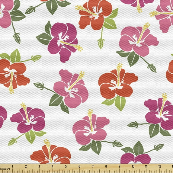 Ambesonne Floral Fabric by the Yard Upholstery, Detailed Hibiscus Flowers, 1 Yard, White and Multicolor