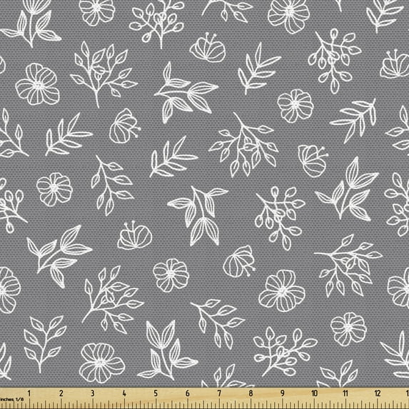 Ambesonne Floral Fabric by the Yard Upholstery, Hand Drawn Plants Layout, 3 Yards, Grey and White