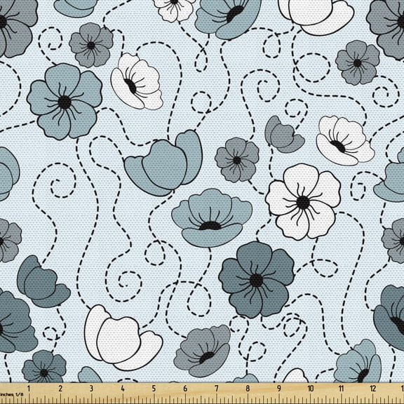 Floral Fabric by the Yard, Doodle Drawing Style Floral Arrangement Botany Spring Summer Season Daisies, Upholstery Fabric for Dining Chairs Home Decor Accents, Grey Bluegrey White by Ambesonne