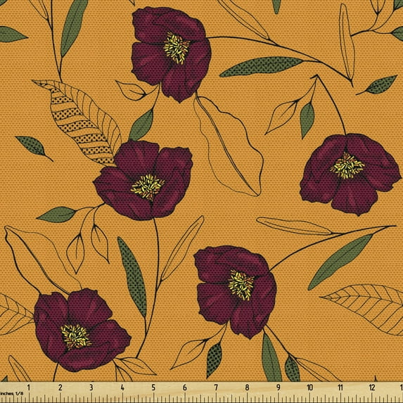 Floral Fabric by the Yard, Exotic Blossoms Meadow Flowers in Leaves Spring Jungle Garden Illustration, Decorative Upholstery Fabric for Chairs & Home Accents, Maroon Orange Green by Ambesonne