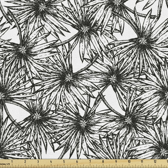 Floral Fabric by the Yard, Exotic Tropical Themed Bicoloured Hand Drawn Sketch of Palm Tree Leaves, Decorative Upholstery Fabric for Sofas and Home Accents, Dark Reseda Green White by Ambesonne