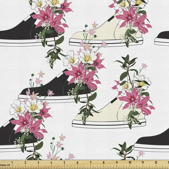 Floral Fabric by the Yard, Fashion Flowers Sneakers as Pots on Plain Background, Decorative Upholstery Fabric for Sofas and Home Accents, Multicolor by Ambesonne