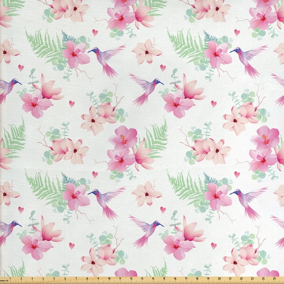 Ambesonne Floral Fabric by the Yard Upholstery, Flappy Hummingbirds, 5 Yards, Multicolor