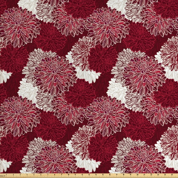 Ambesonne Floral Fabric by the Yard Upholstery, Chrysanthemums Blooms Art, 2 Yards, Maroon White