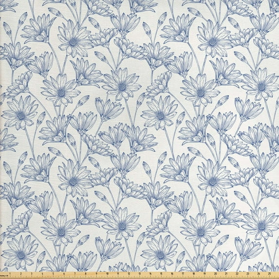 Ambesonne Floral Fabric by the Yard Upholstery, Blooming Asters and Daisies, 3 Yards, Dark Teal and Coconut