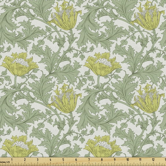 Floral Fabric by the Yard, Flourishing Nature Ornamental Victorian Design Inspired Foliage Leaves, Decorative Upholstery Fabric for Sofas and Home Accents, Pale Yellow Pale Green by Ambesonne