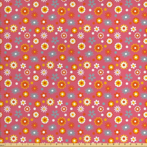 Ambesonne Floral Fabric by the Yard Upholstery, Abstract Funky Colors Layout, 2 Yards, Vermilion Pale Teal