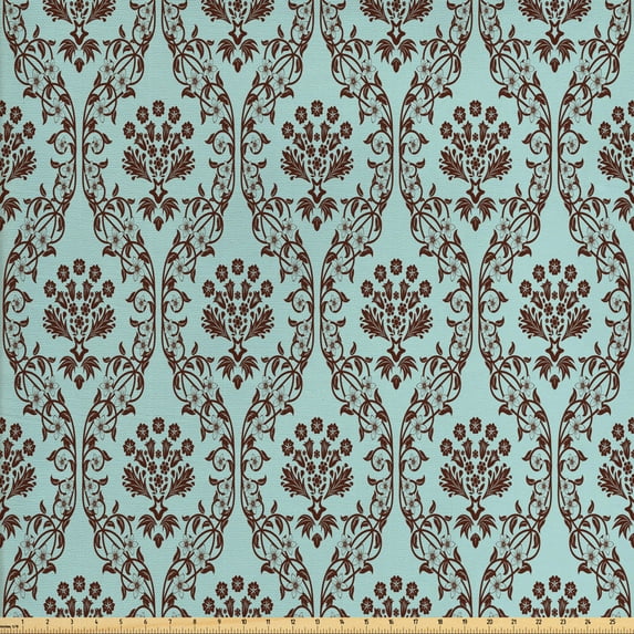 Ambesonne Floral Fabric by the Yard Upholstery, Damask Inspired Oriental Art, 5 Yards, Dark Rosewood Pale Teal