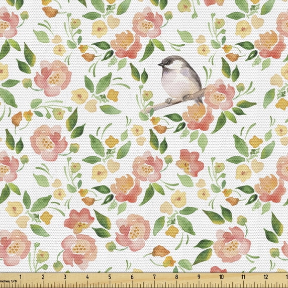 Ambesonne Floral Fabric by the Yard Upholstery, Flower Petals Blossoms, 1 Yard, Coral Fern Green White