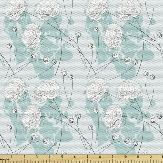 Ambesonne Floral Fabric by the Yard Upholstery, Flower Type Branches Contour, 1 Yard, White Grey Teal