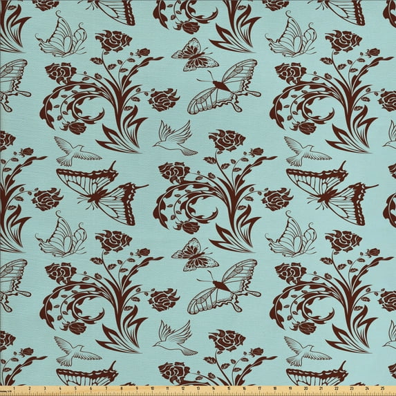 Ambesonne Floral Fabric by the Yard Upholstery, Bouquet of Blooming Roses, 3 Yards, Pale Blue Chocolate