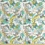 Ambesonne Floral Fabric by the Yard Upholstery, Flying Birds Butterflies, 5 Yards, Yellow Green Caramel